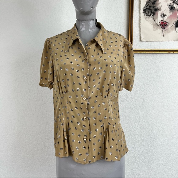 Prada Tops - Prada Silk Circular Pattern Button Down Tan Short Sleeve Blouse Top